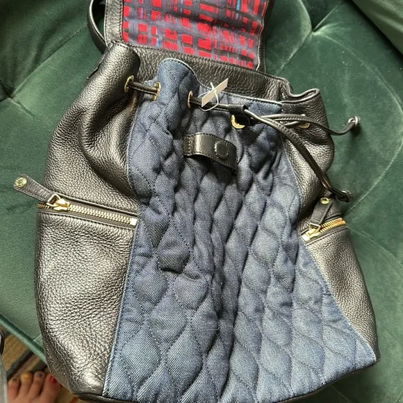 Vera Bradley Amy Quilted Backpack in Denim & Black Leather